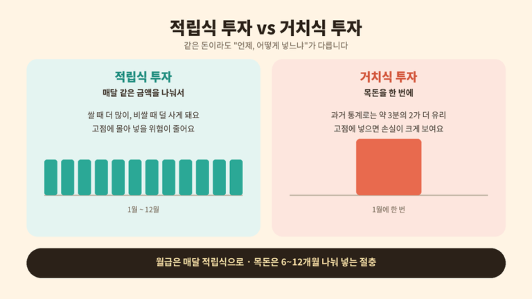 적립식 투자와 거치식 투자를 좌우 카드로 비교한 안내 이미지. 적립식은 매달 같은 금액을 나눠 넣는 12개의 막대로, 거치식은 한 번에 넣는 큰 막대 하나로 나타내고 월급은 적립식, 목돈은 6~12개월 나눠 넣는 절충안을 함께 보여준다