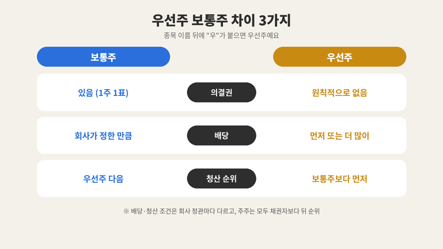 우선주 보통주 차이를 의결권, 배당, 청산 순위 3가지로 비교한 안내 이미지. 보통주는 1주 1표 의결권이 있고, 우선주는 원칙적으로 의결권이 없는 대신 배당을 먼저 또는 더 많이 받으며 청산 때 보통주보다 먼저 받을 수 있지만 조건은 정관마다 다르고 주주는 모두 채권자보다 뒤 순위라는 점을 나타냈다